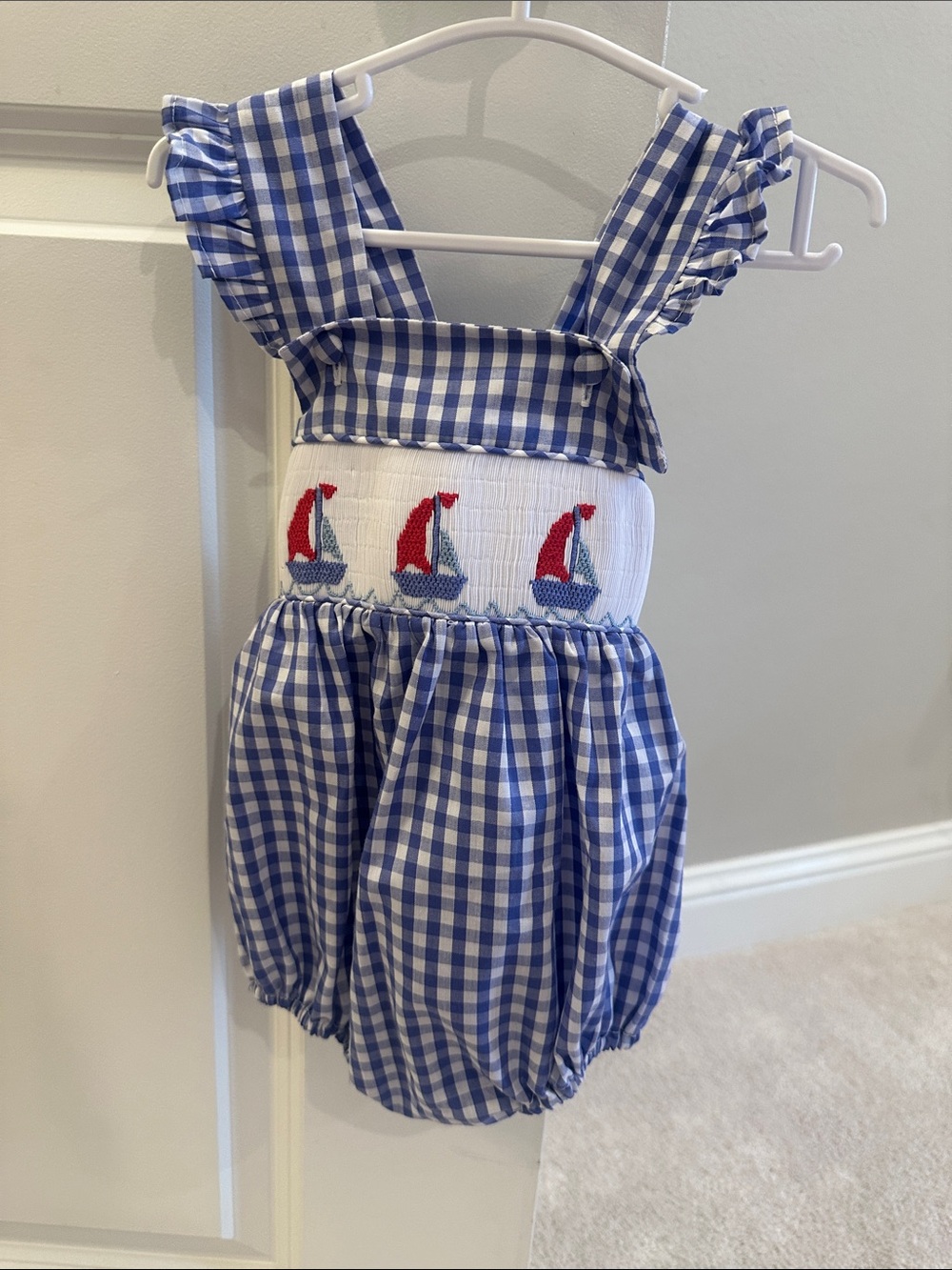Blue Gingham Sailboat Smocked Bubble Romper